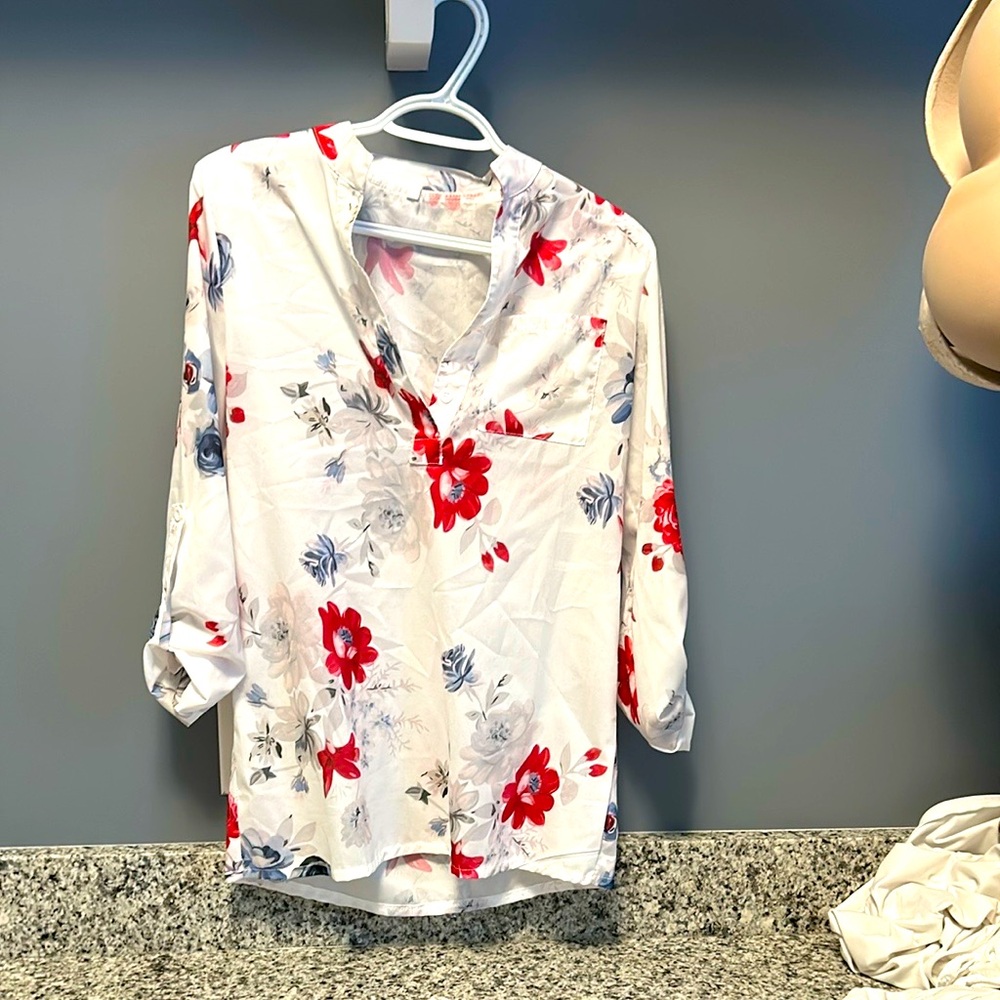 Red and White Graphic Blouse with 3/4 Sleeves and Sailor Collar